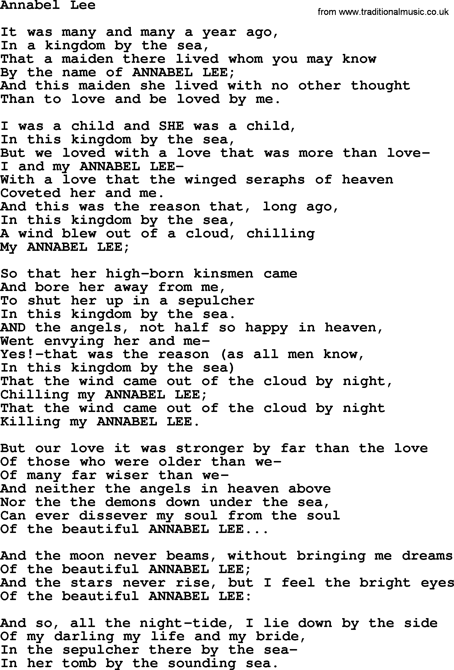 Joan Baez song Annabel Lee, lyrics