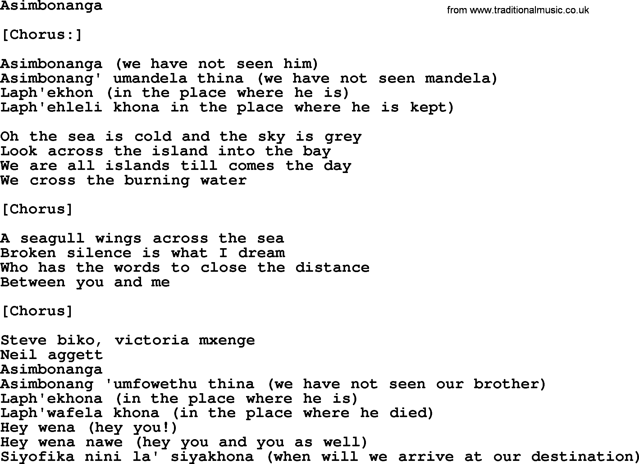 Joan Baez song Asimbonanga, lyrics