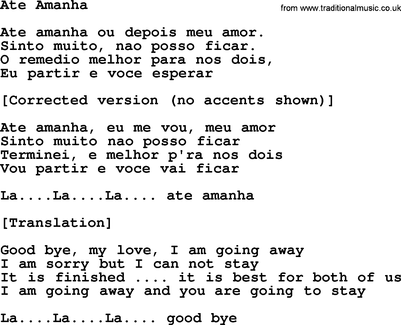 Joan Baez song Ate Amanha, lyrics