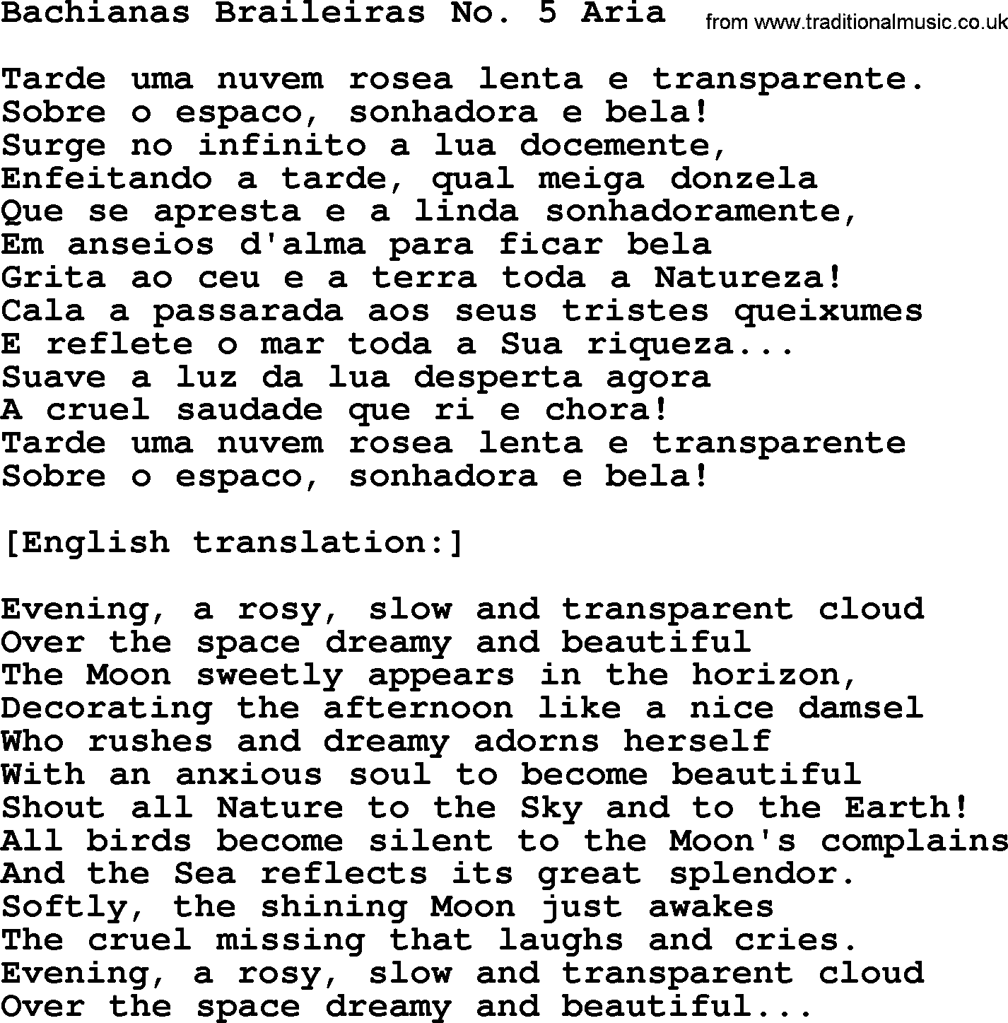 Joan Baez song Bachianas Braileiras No. 5 Aria, lyrics