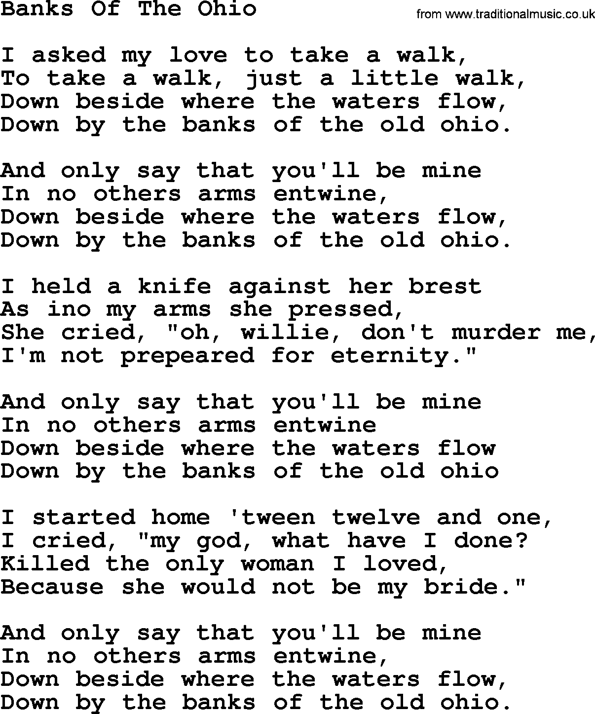 Joan Baez song Banks Of The Ohio, lyrics
