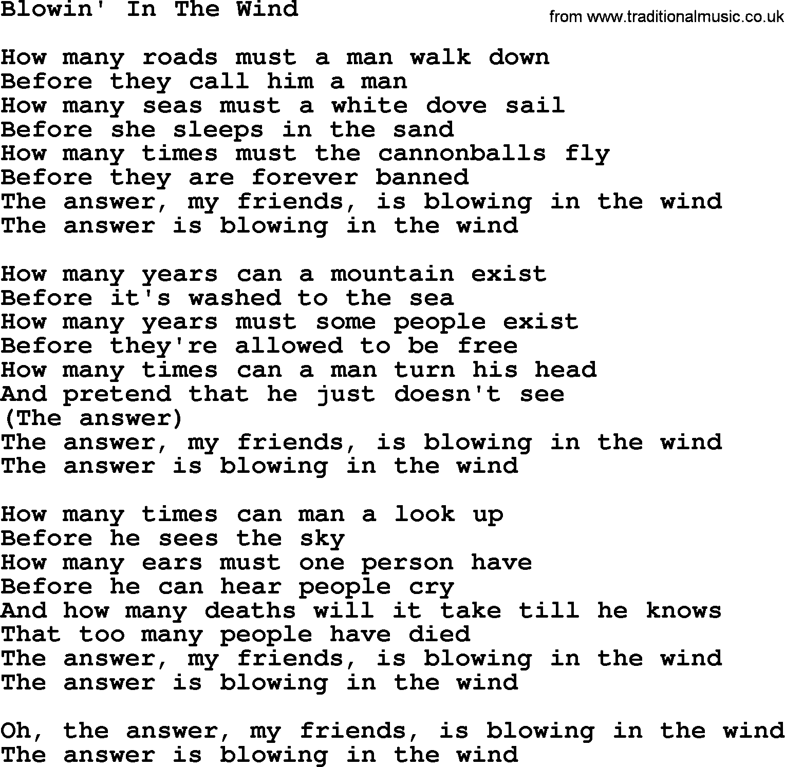 Joan Baez song Blowin' In The Wind, lyrics