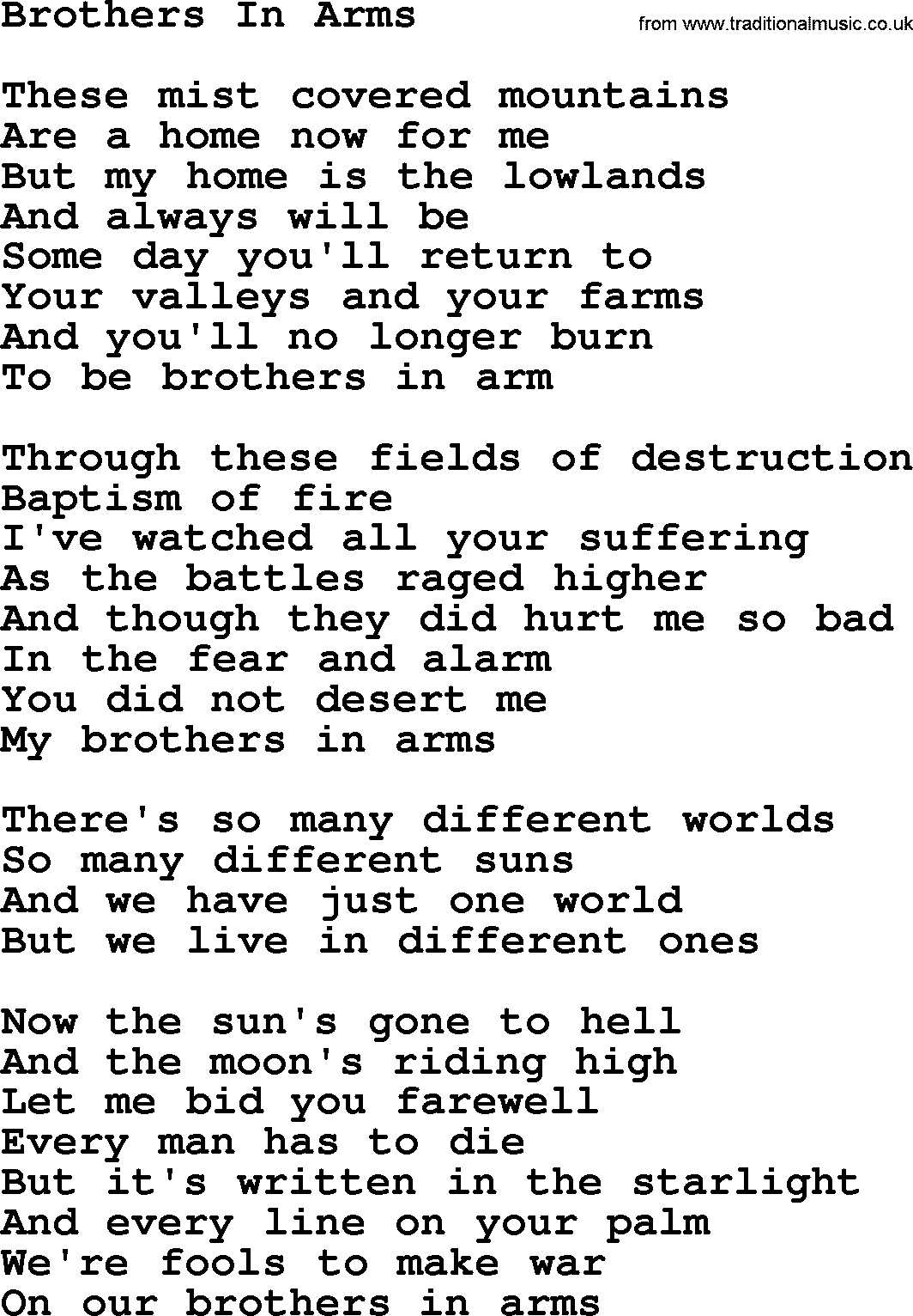 Joan Baez song Brothers In Arms, lyrics