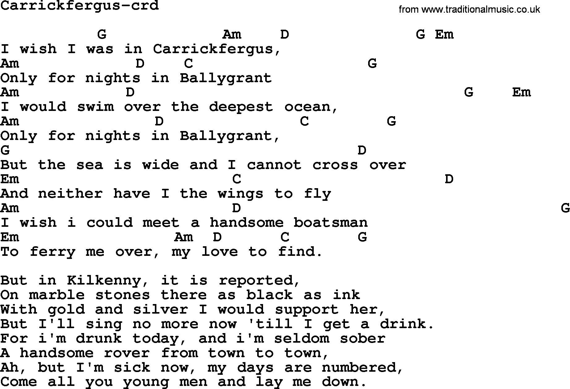 Joan Baez song Carrickfergus lyrics and chords