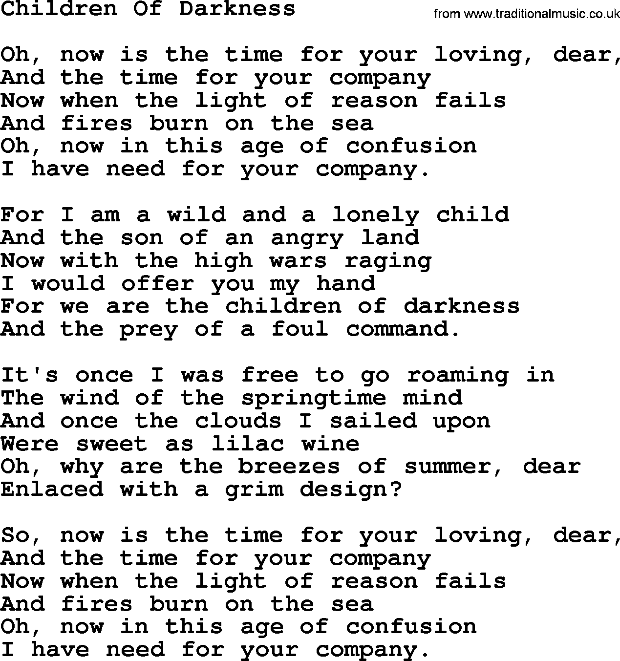 Joan Baez song Children Of Darkness, lyrics