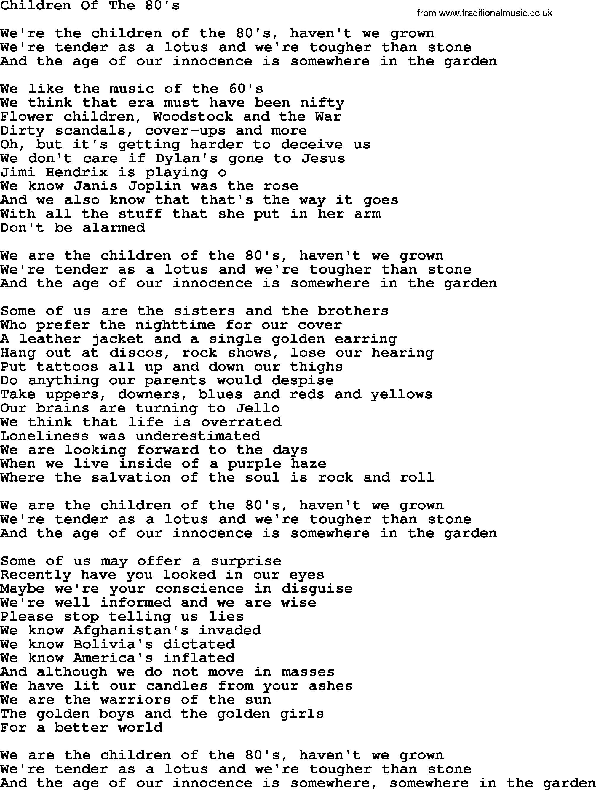 Joan Baez song Children Of The 80's, lyrics