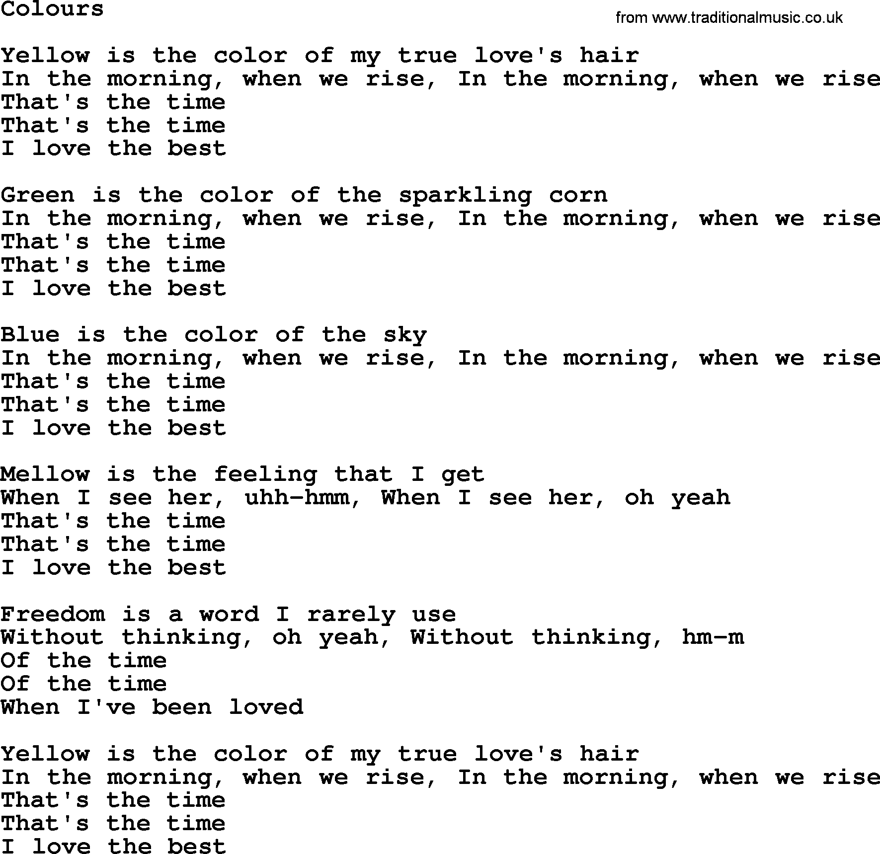 Joan Baez song Colours, lyrics