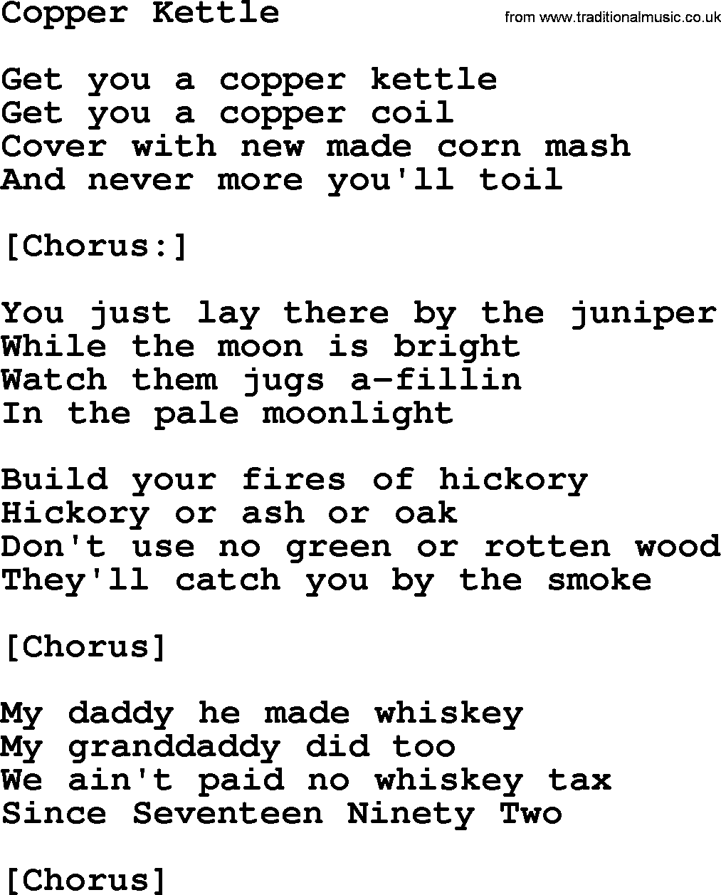 Joan Baez song Copper Kettle, lyrics