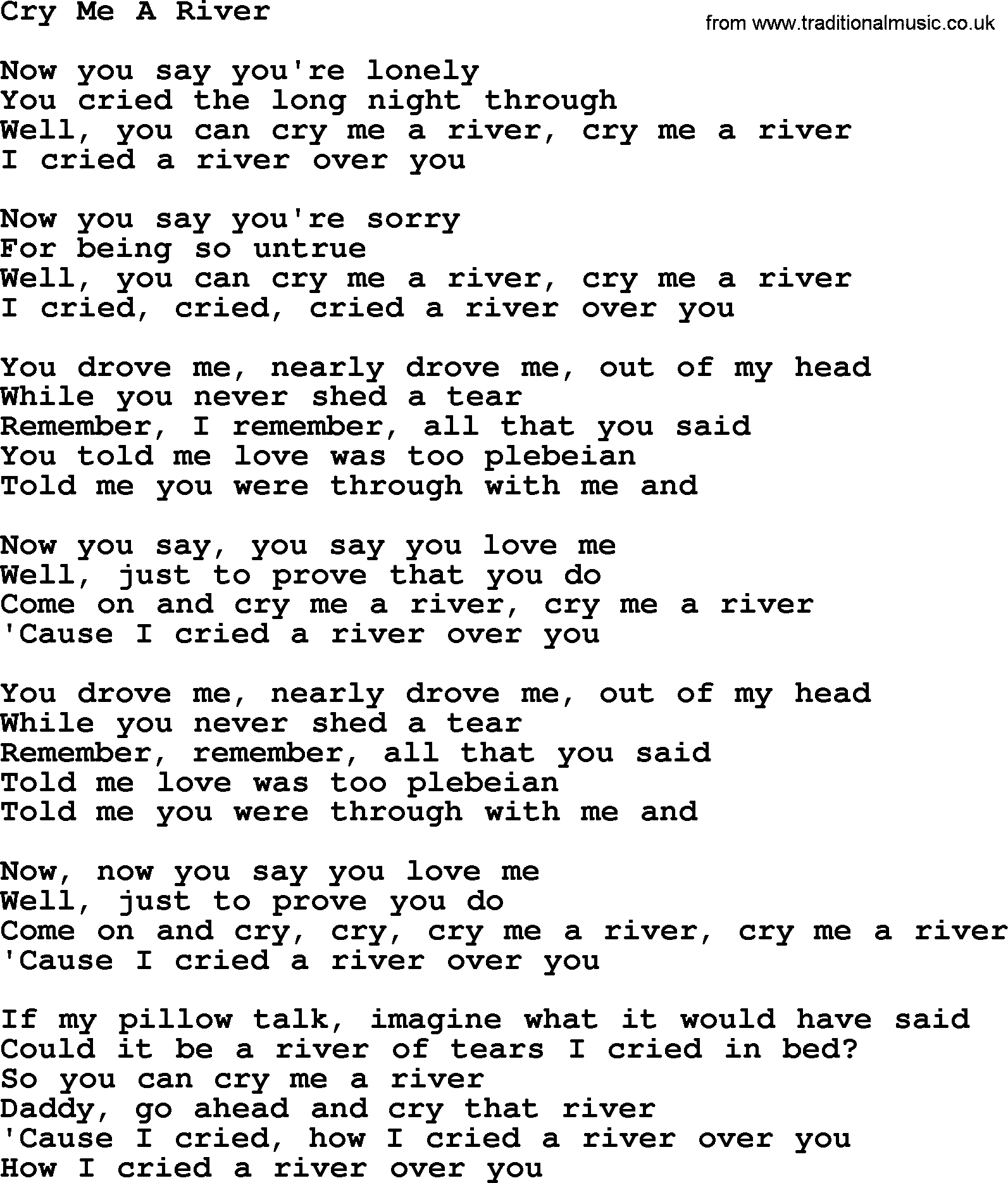 Joan Baez song Cry Me A River, lyrics