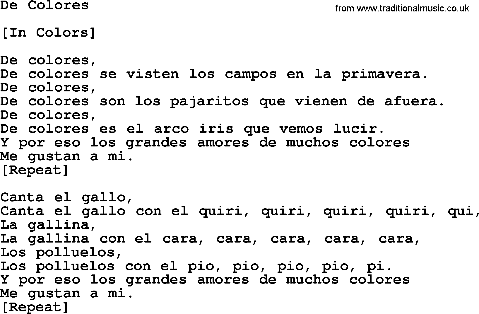Joan Baez song De Colores, lyrics