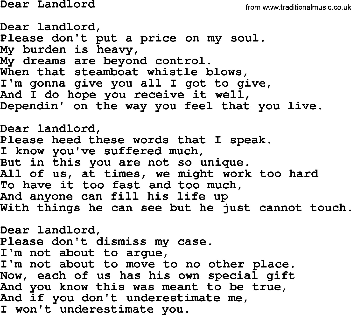 Joan Baez song Dear Landlord, lyrics