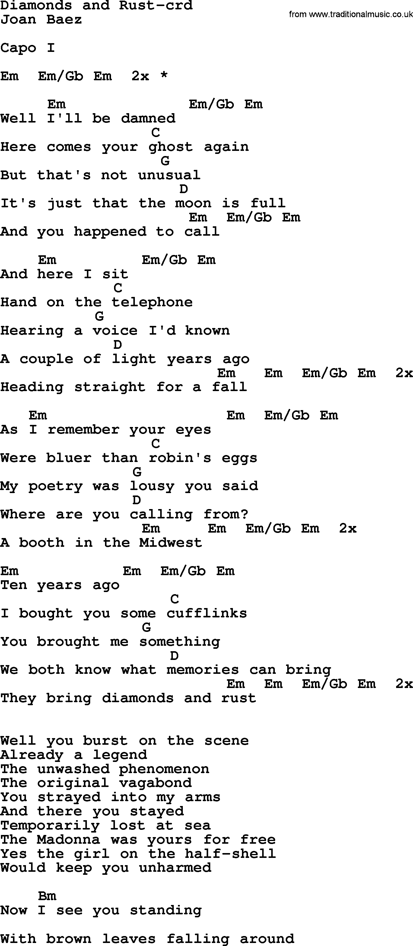 Joan Baez song Diamonds And Rust lyrics and chords
