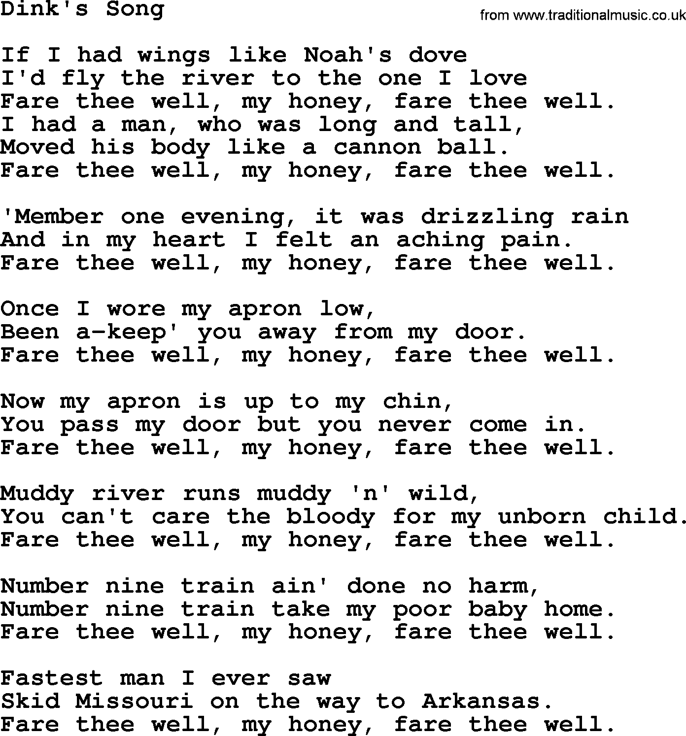 Joan Baez song Dink's Song, lyrics