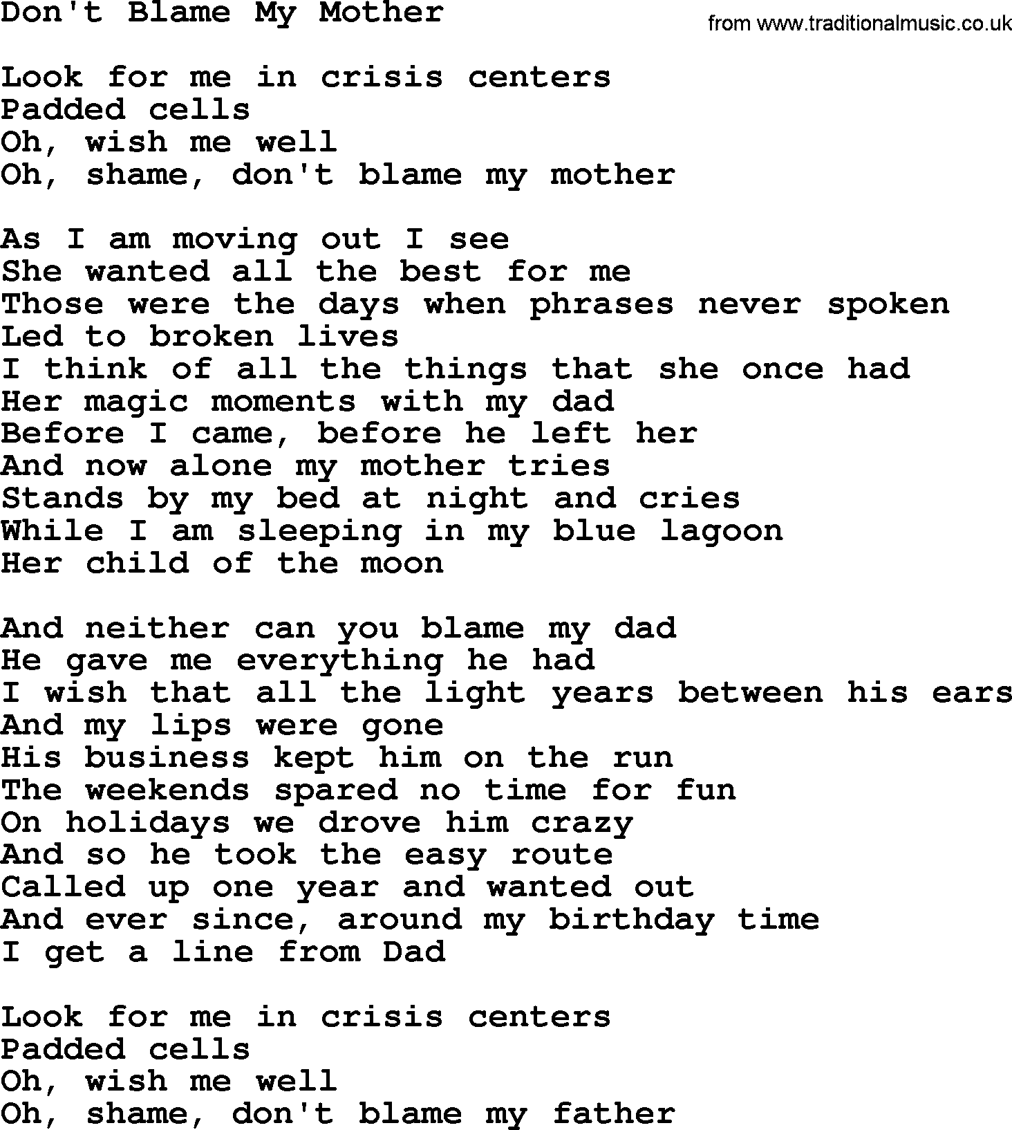 Joan Baez song Don't Blame My Mother, lyrics