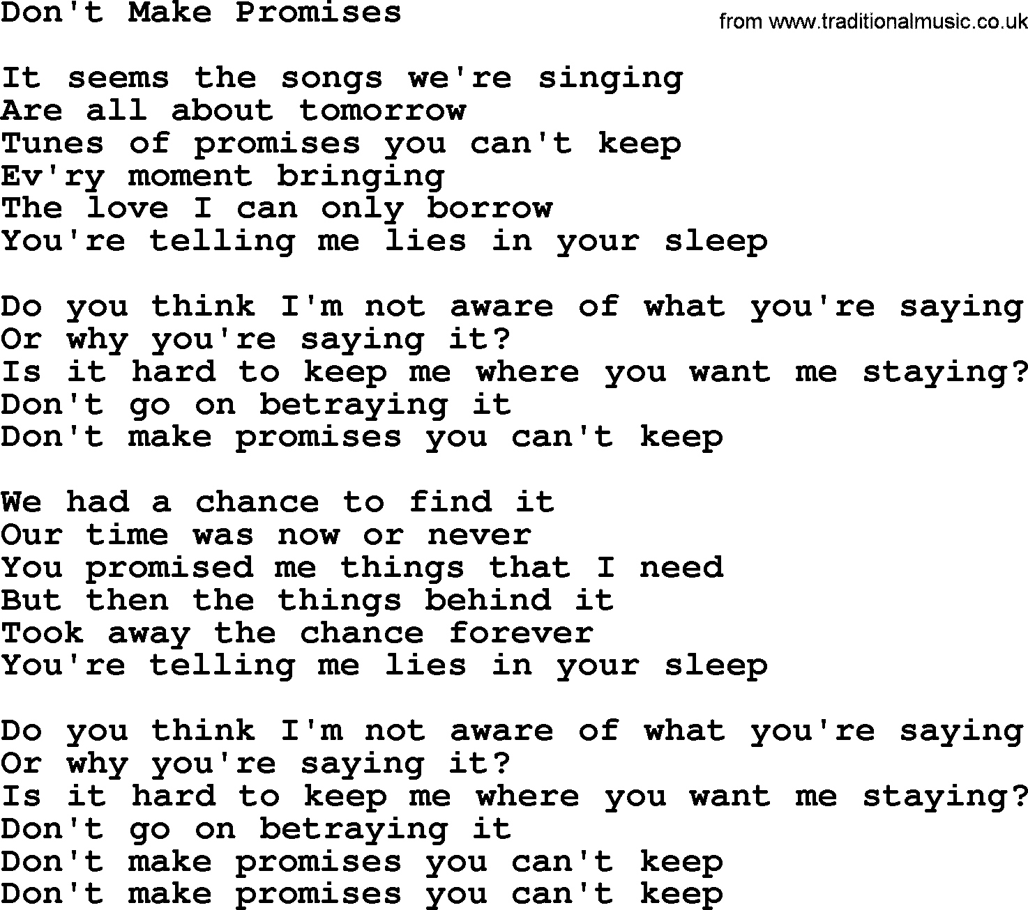 Joan Baez song Don't Make Promises, lyrics