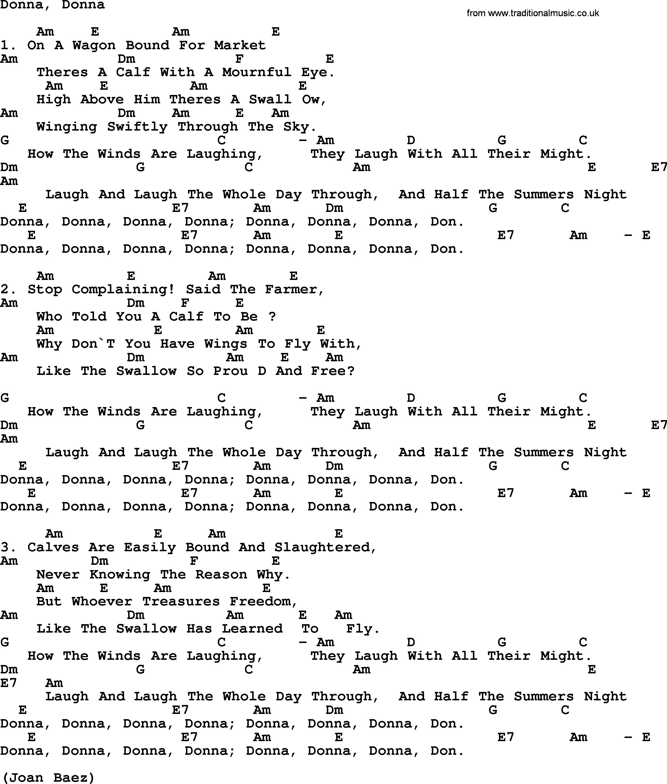 Joan Baez song Donna Donna(E) lyrics and chords