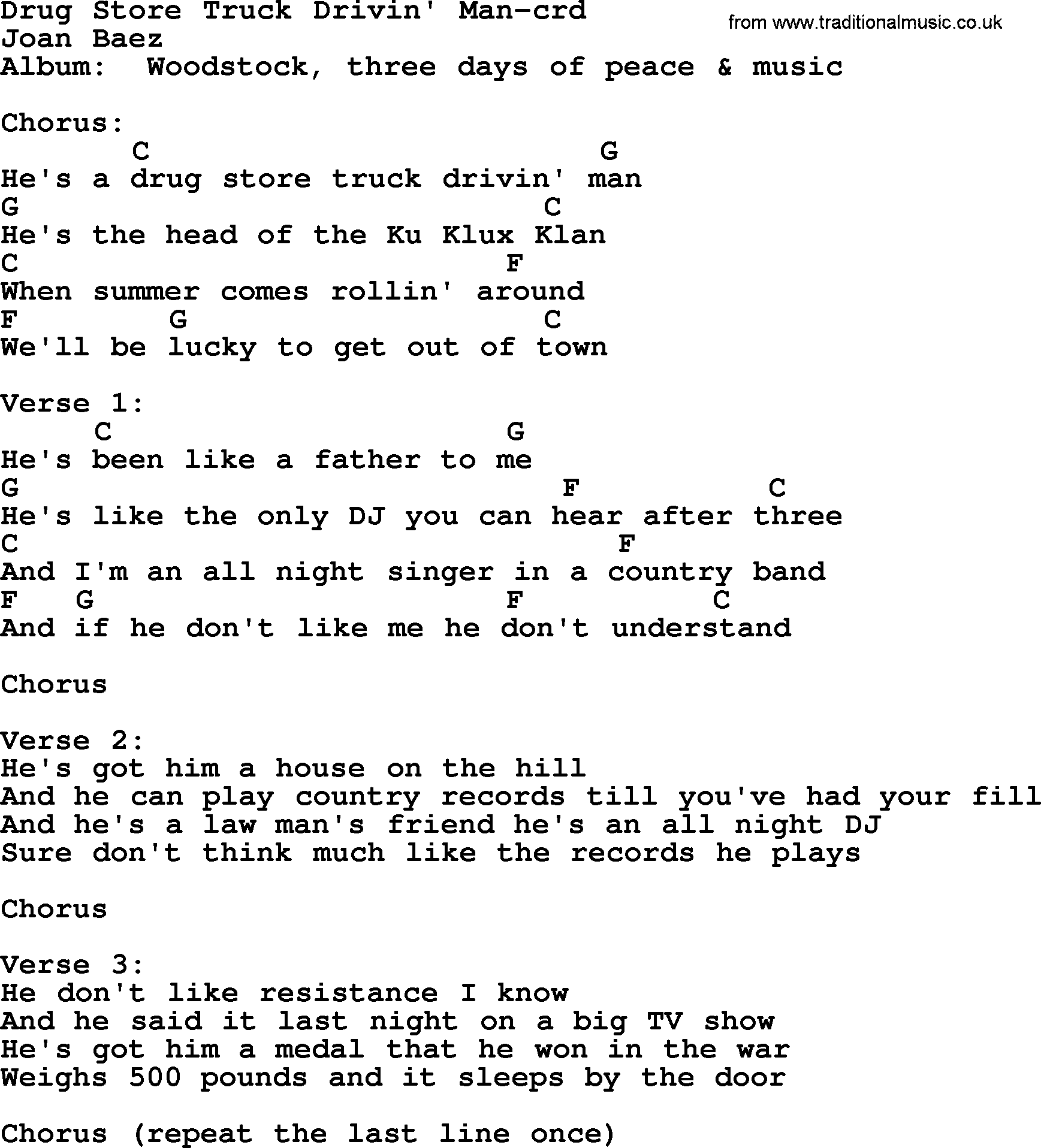 Joan Baez song Drug Store Truck Drivin' Man(1) lyrics and chords