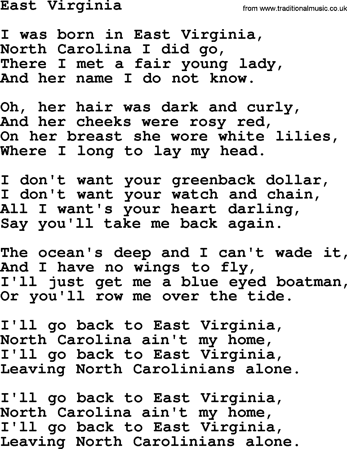 Joan Baez song East Virginia, lyrics