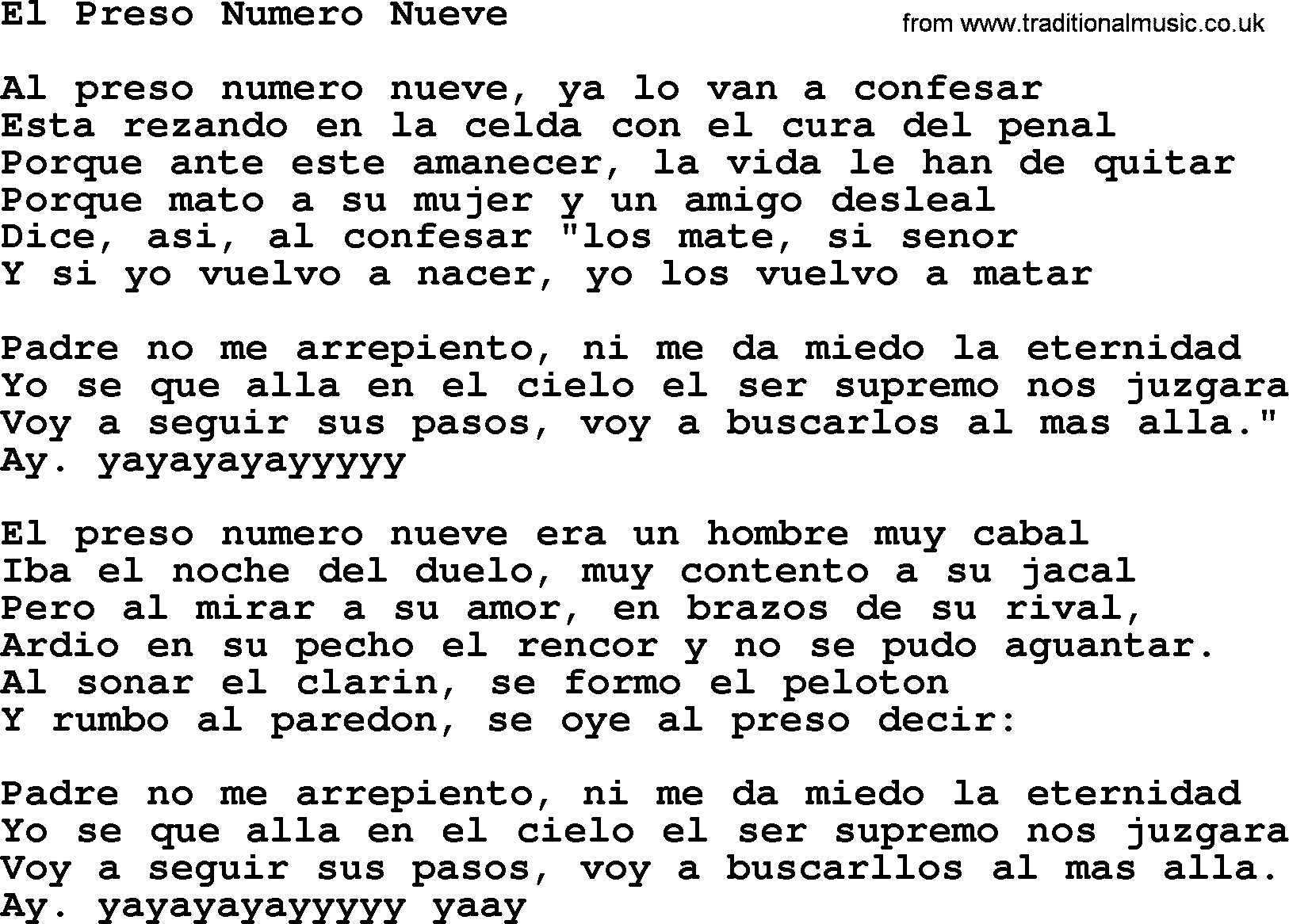 Joan Baez song El Preso Numero Nueve, lyrics
