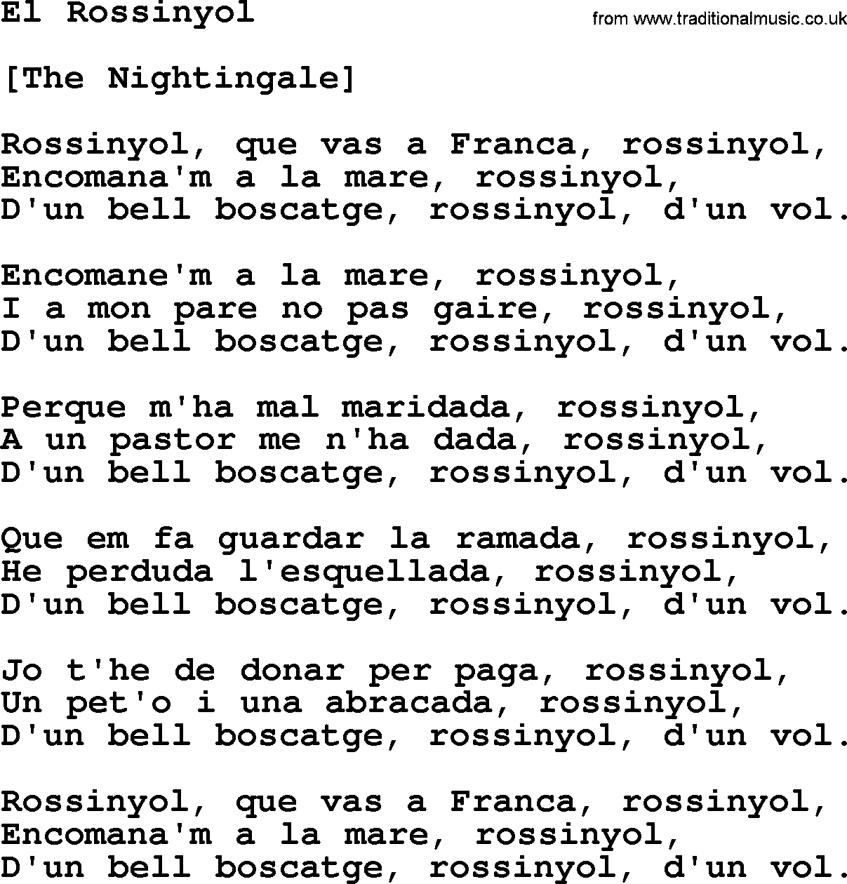 Joan Baez song El Rossinyol, lyrics