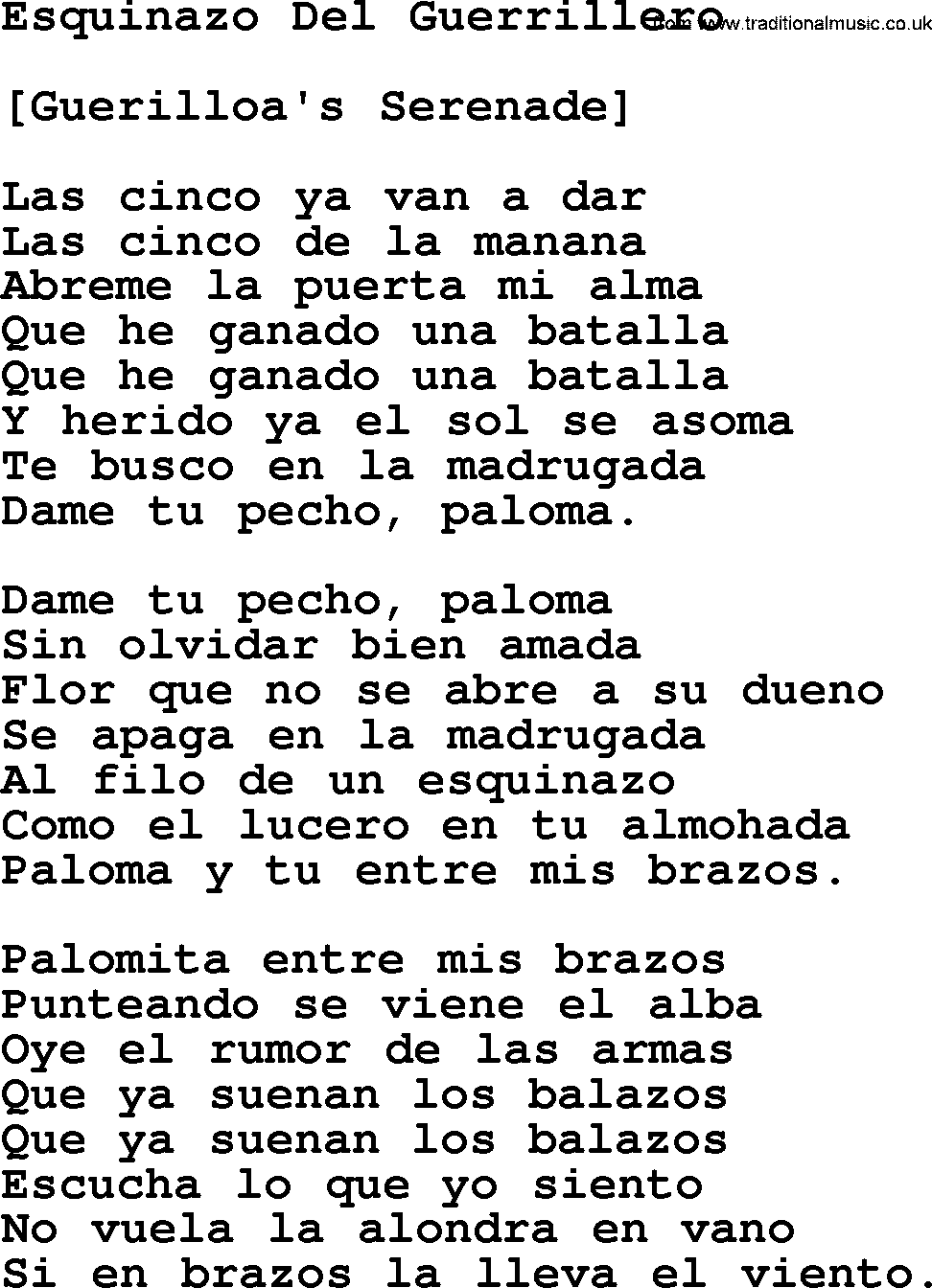 Joan Baez song Esquinazo Del Guerrillero, lyrics