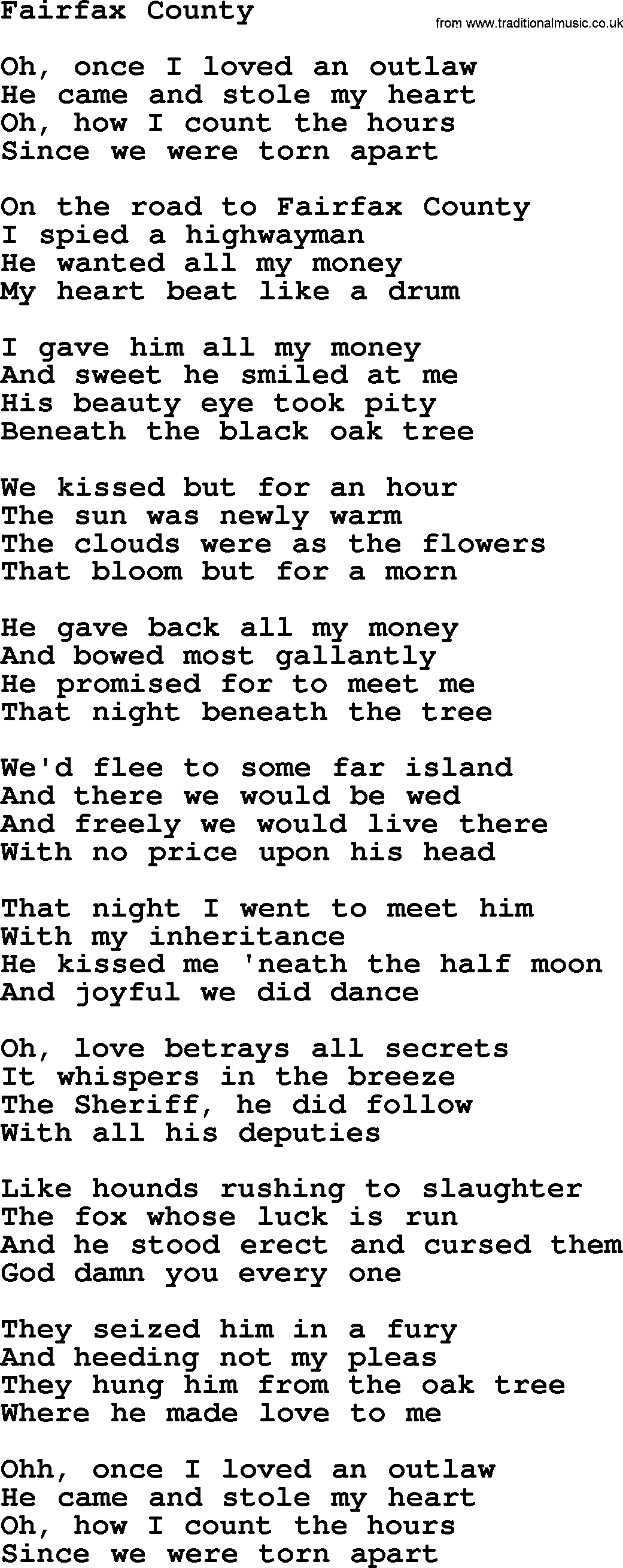 Joan Baez song Fairfax County, lyrics