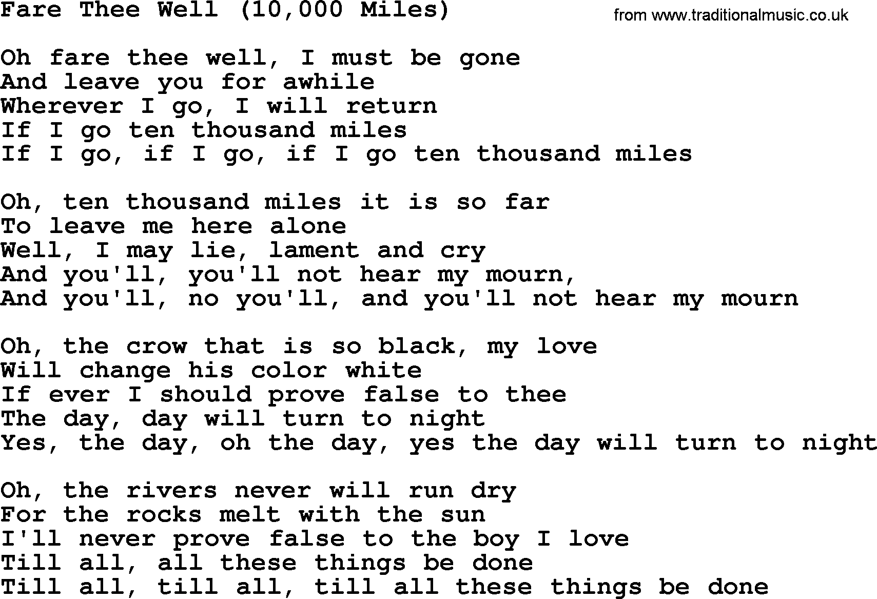Joan Baez song Fare Thee Well(10,000 Miles), lyrics