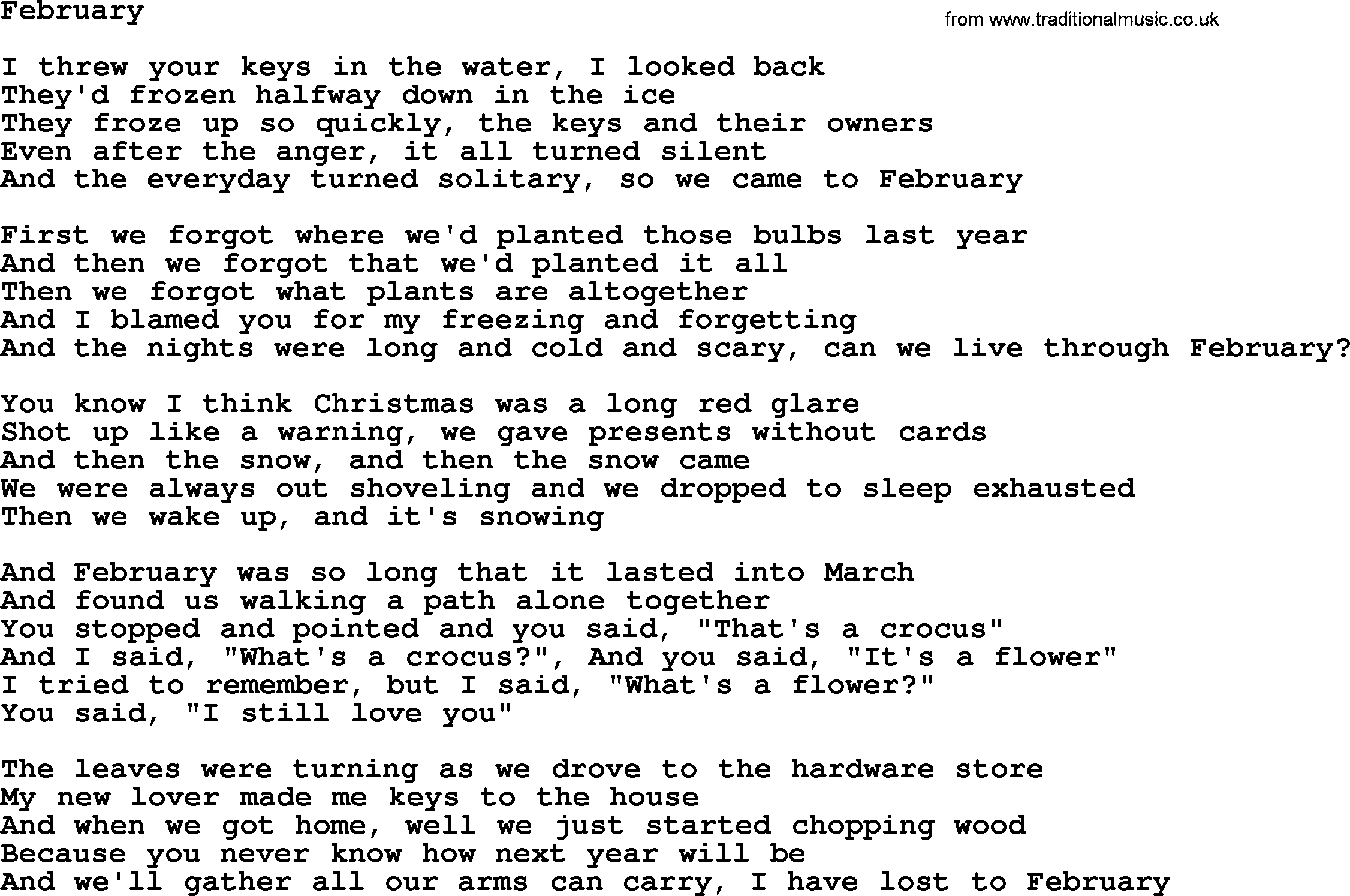 Joan Baez song February, lyrics