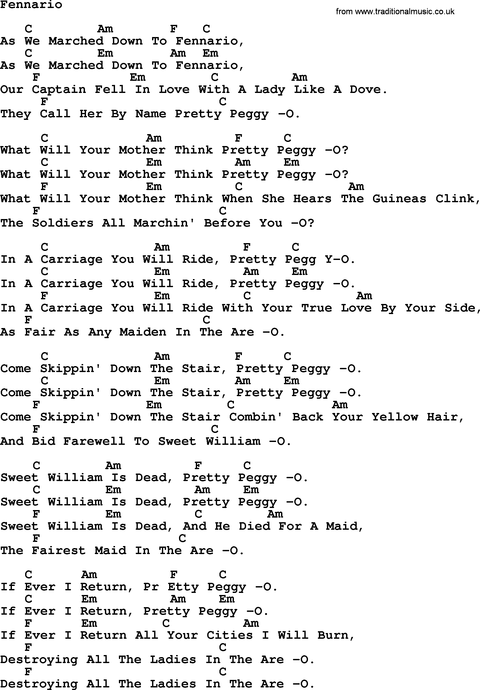 Joan Baez song Fennario lyrics and chords