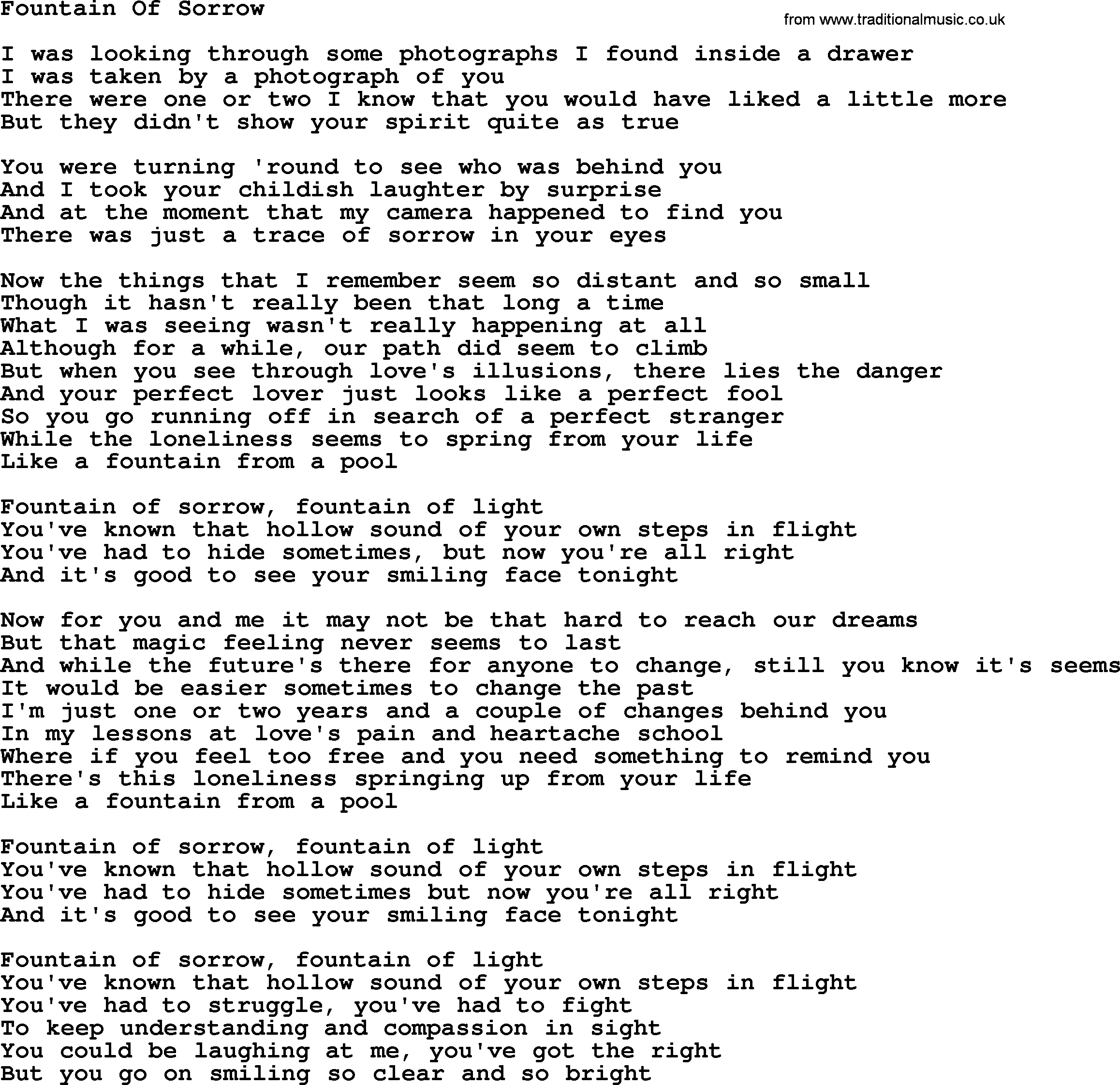 Joan Baez song Fountain Of Sorrow, lyrics