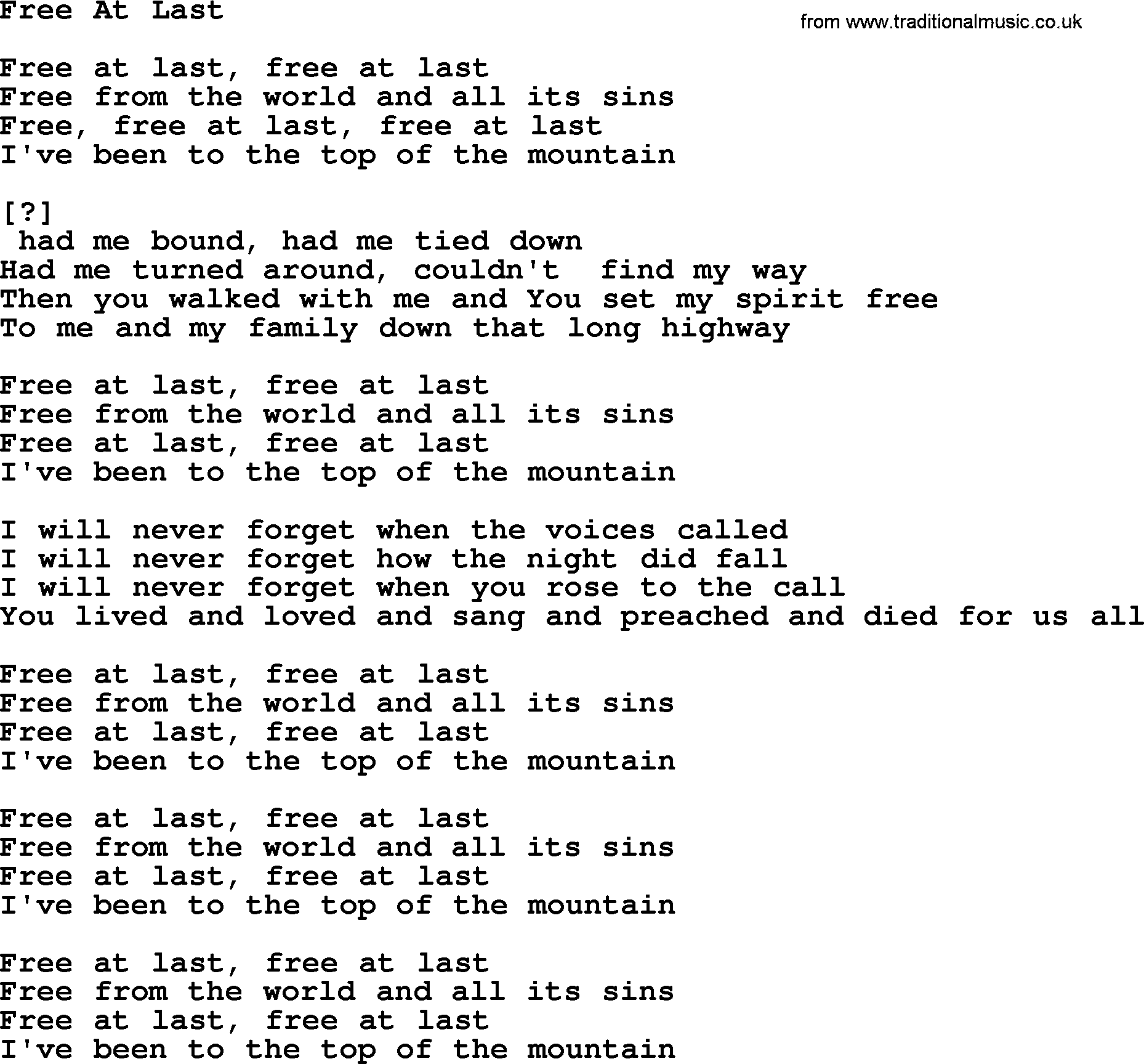 Joan Baez song Free At Last, lyrics