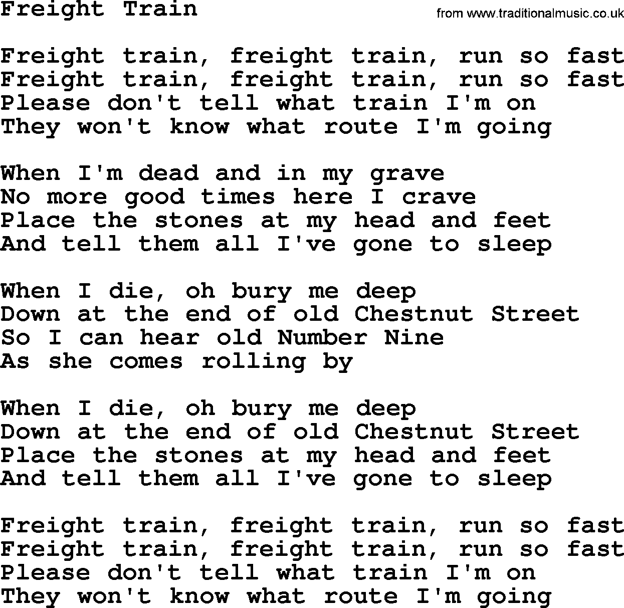 Joan Baez song Freight Train, lyrics