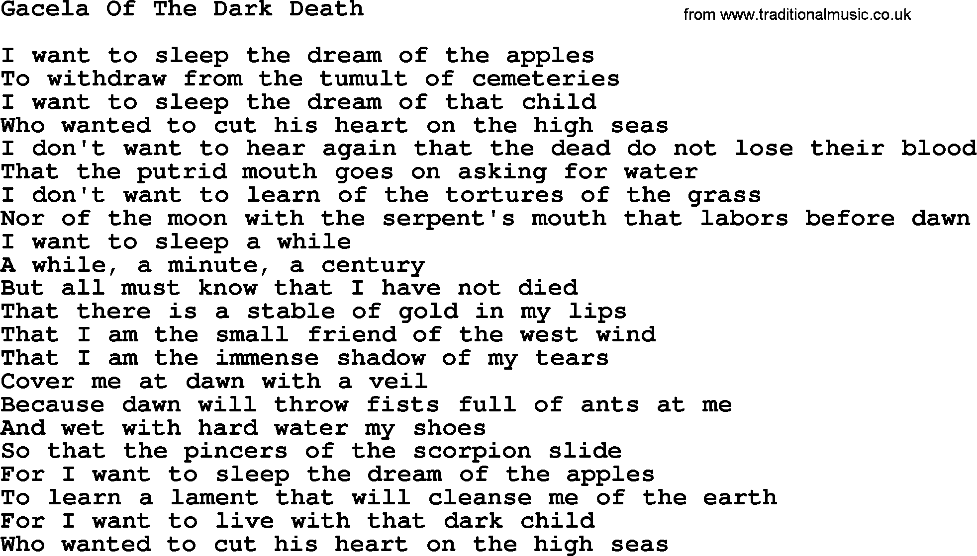 Joan Baez song Gacela Of The Dark Death, lyrics