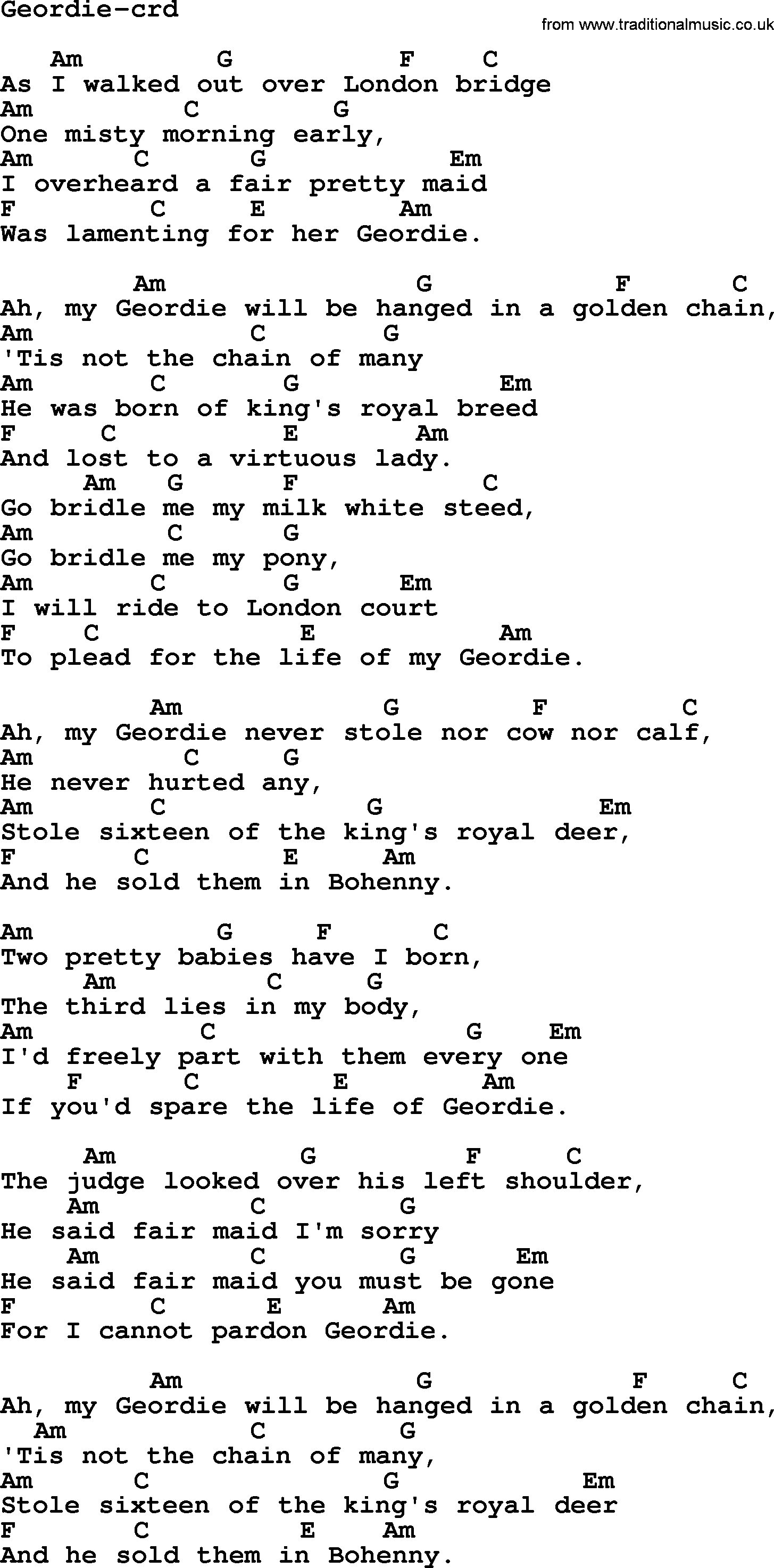 Joan Baez song Geordie lyrics and chords