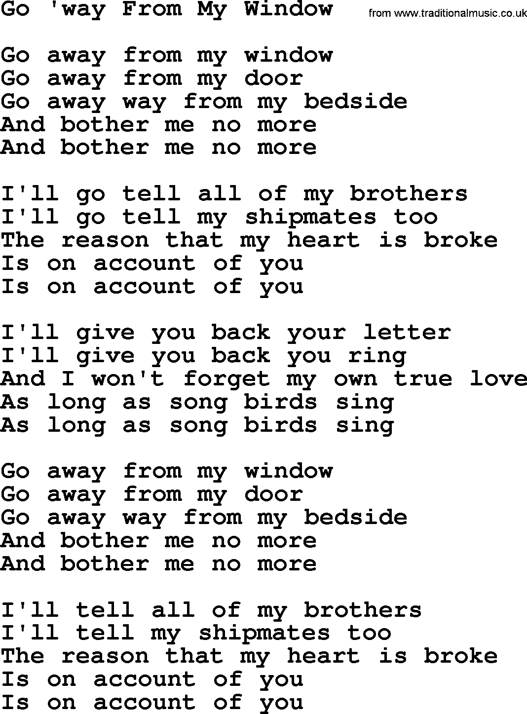Joan Baez song Go Away From My Window, lyrics
