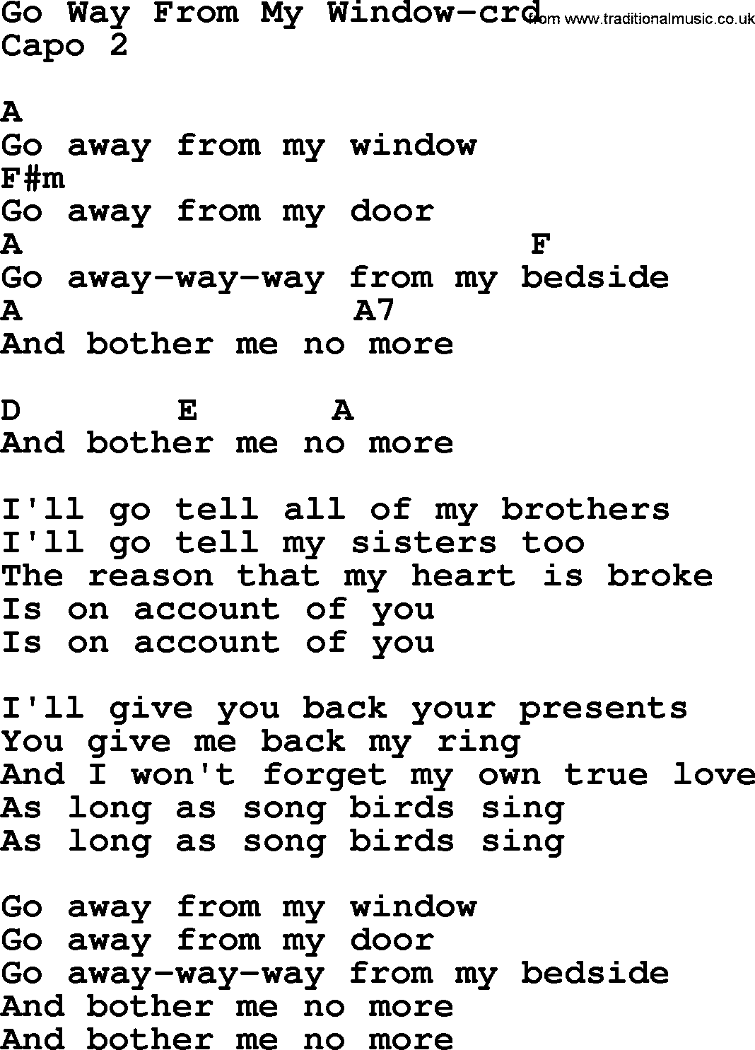 Joan Baez song Go Way From My Window lyrics and chords