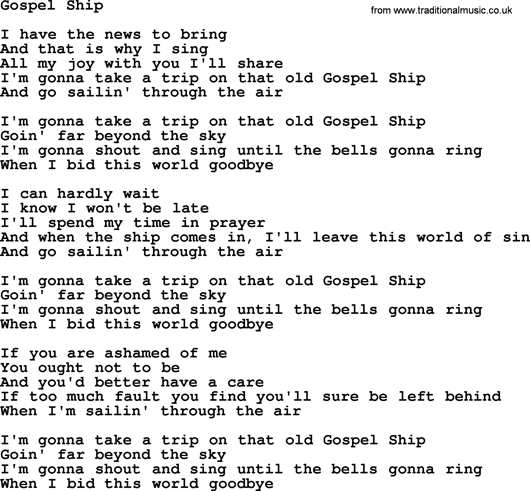 Joan Baez song Gospel Ship, lyrics