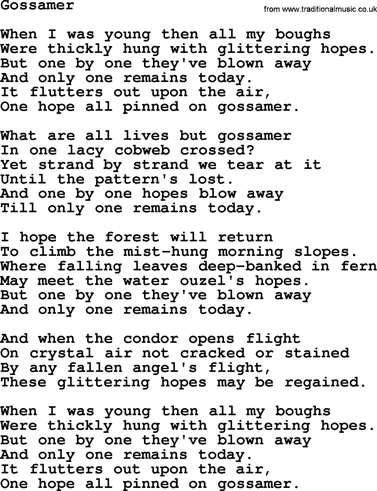 Joan Baez song Gossamer, lyrics