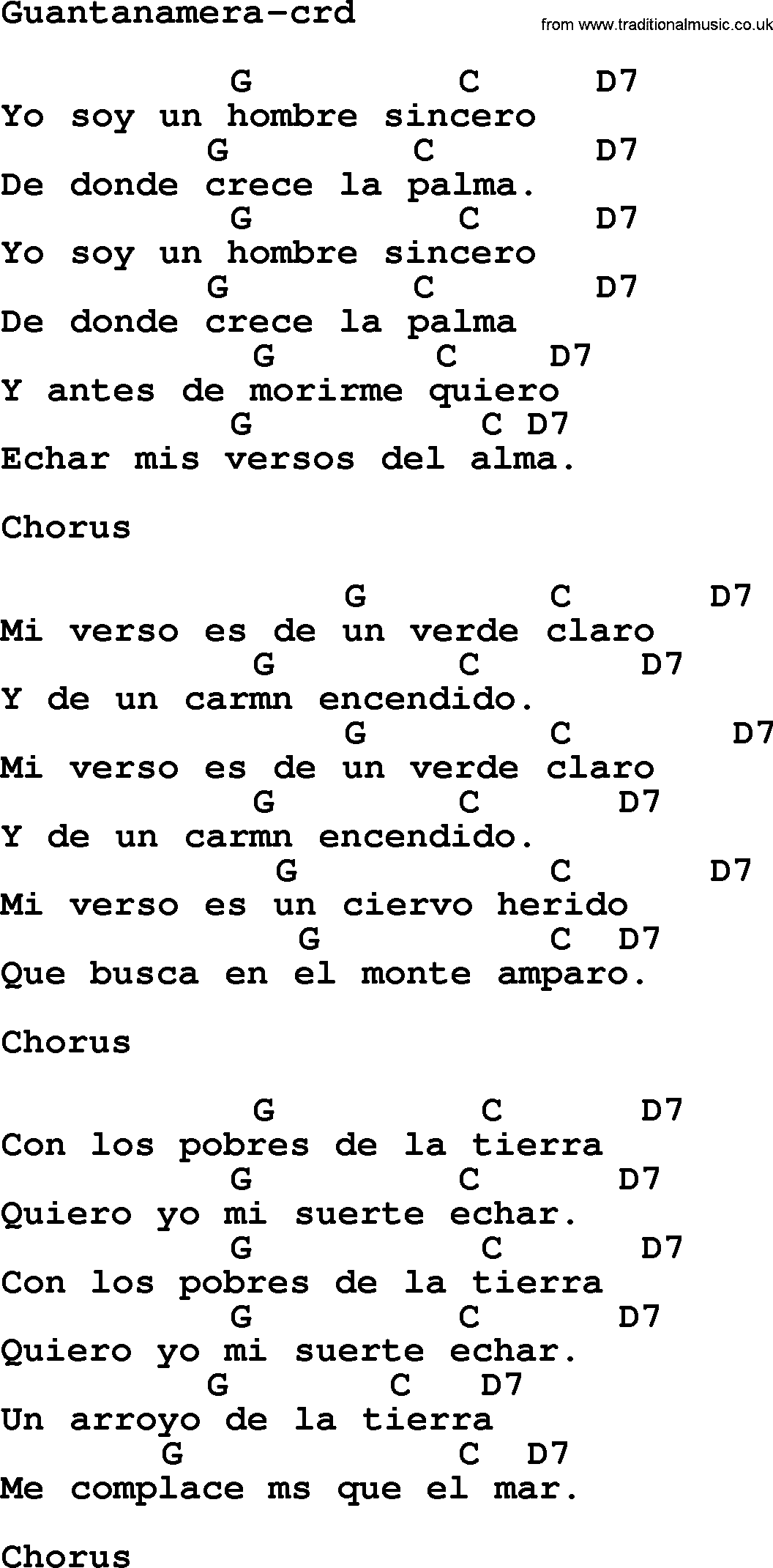 Joan Baez song Guantanamera lyrics and chords