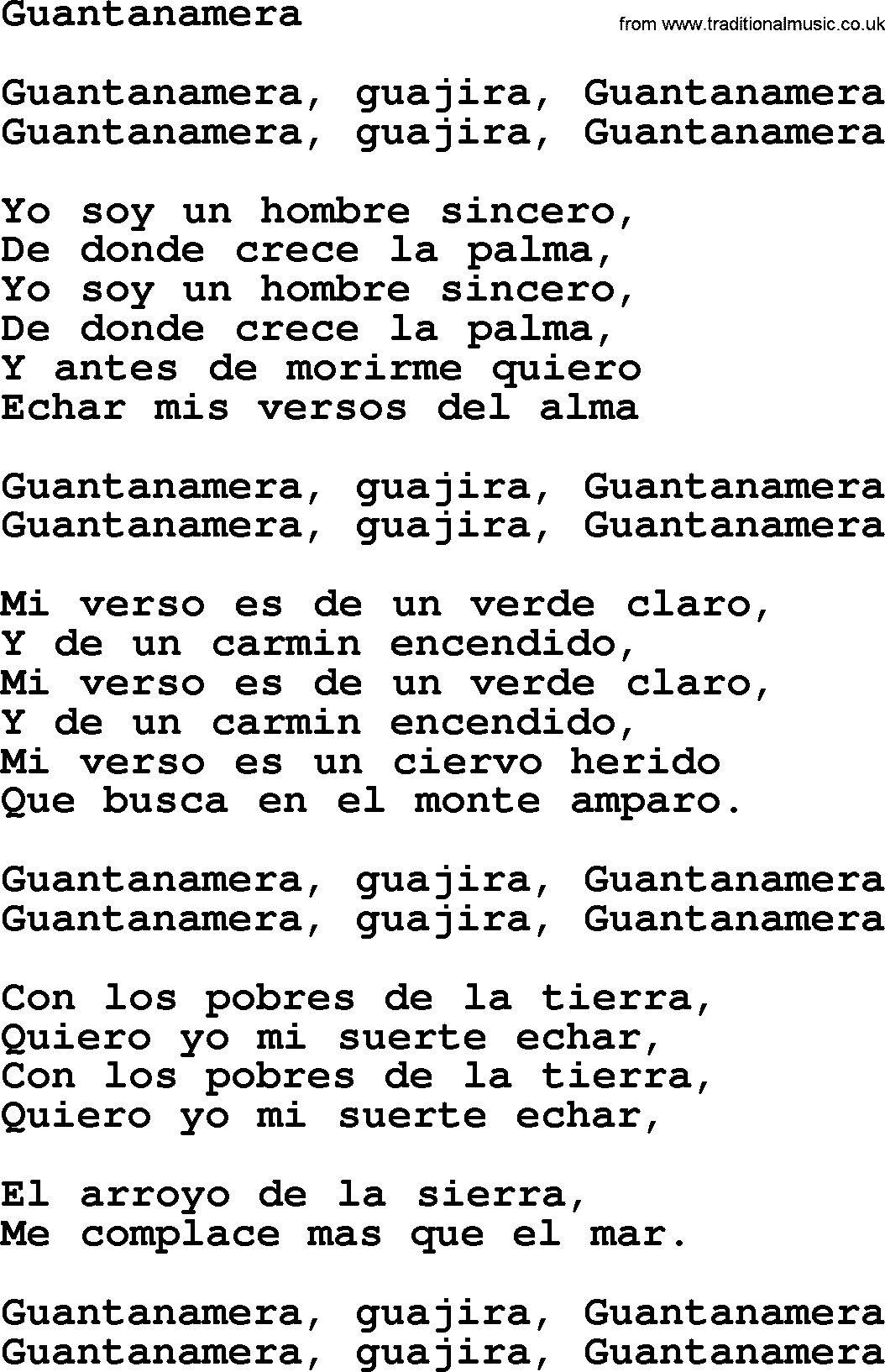 Joan Baez song Guantanamera, lyrics