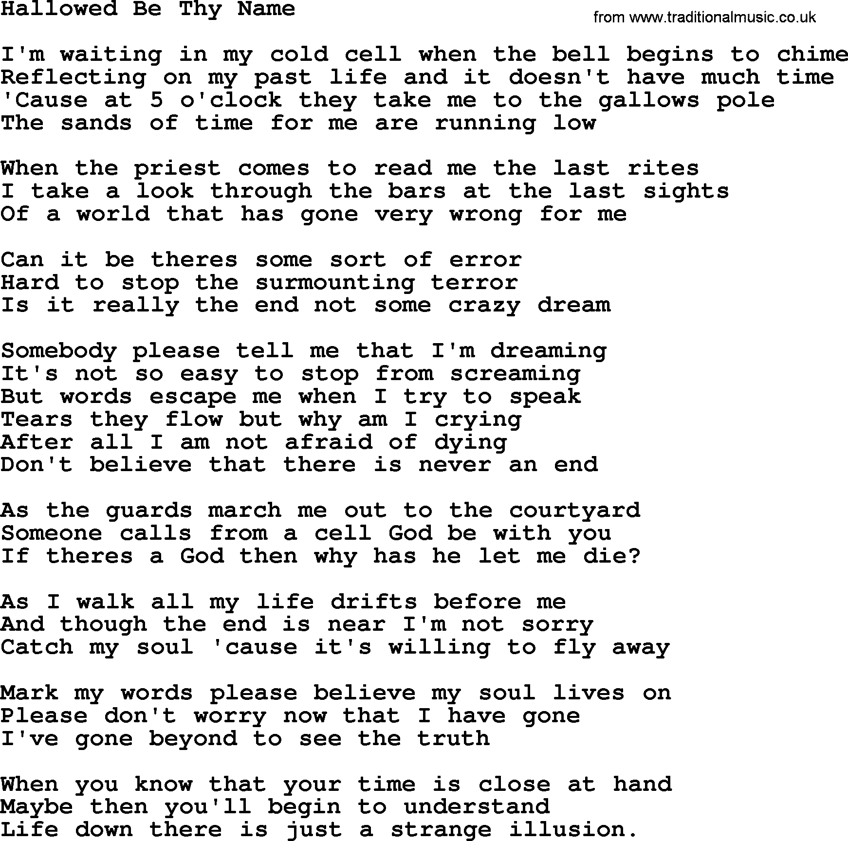 Joan Baez song Hallowed Be Thy Name, lyrics