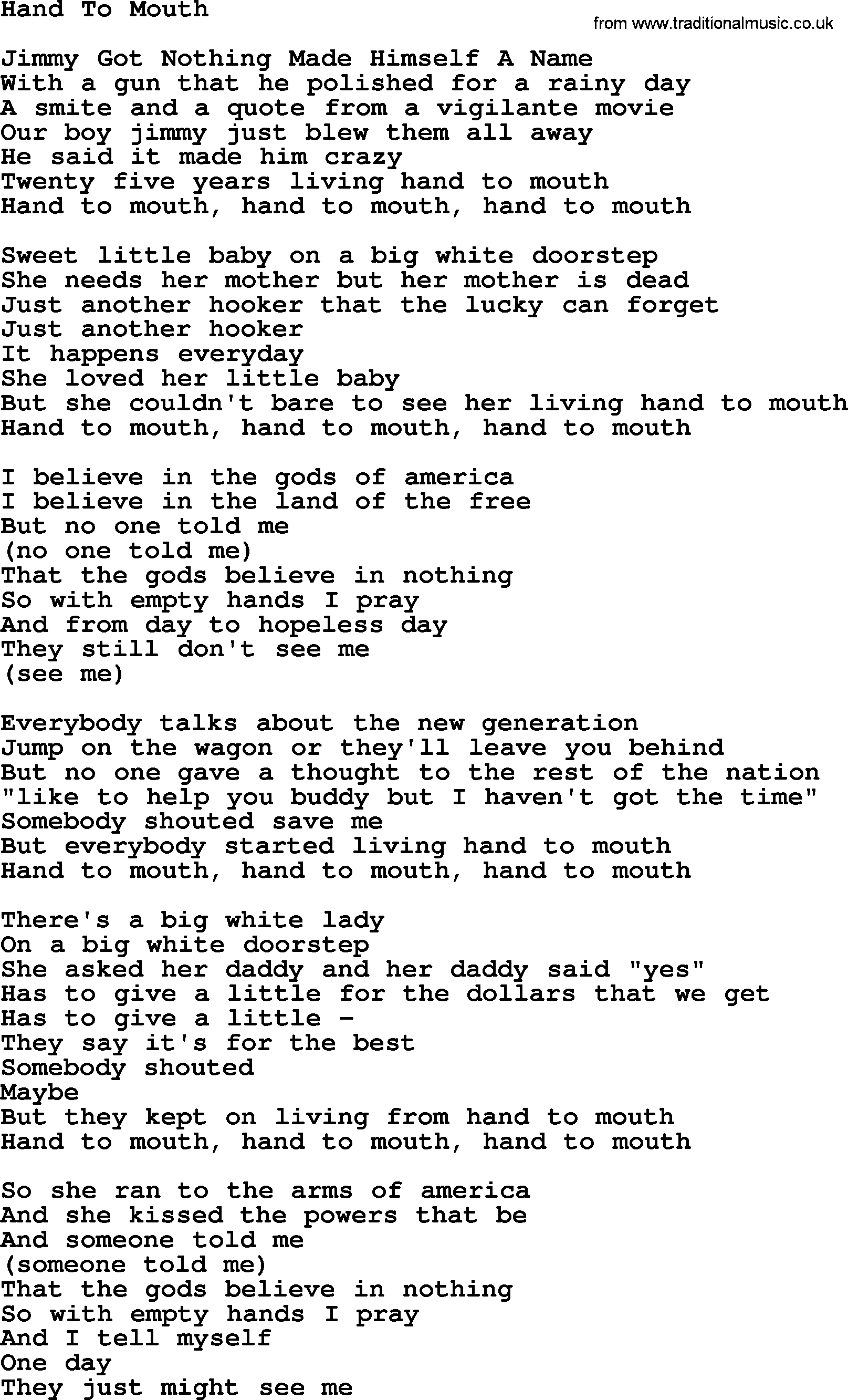 Joan Baez song Hand To Mouth, lyrics
