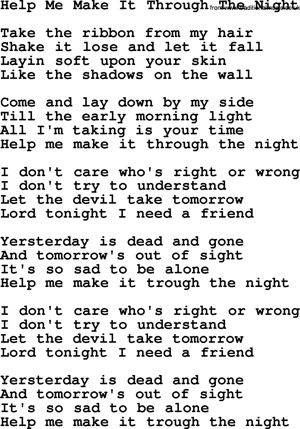 Joan Baez song Help Me Make It Through The Night, lyrics