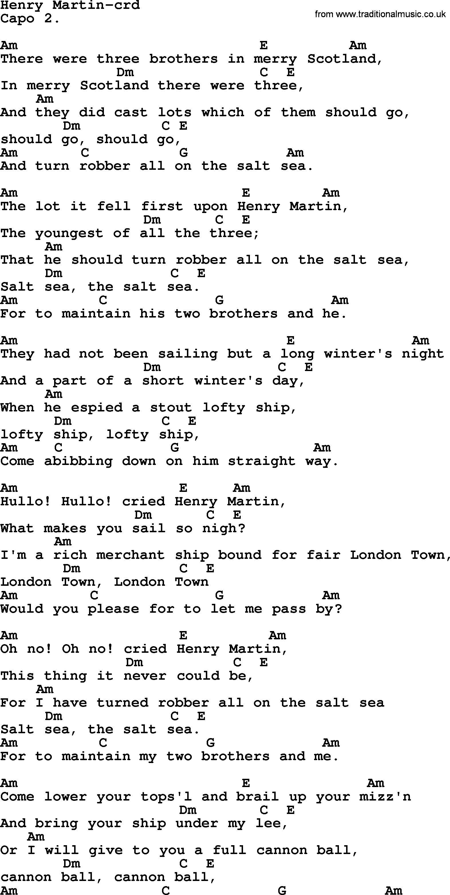 Joan Baez song Henry Martin lyrics and chords