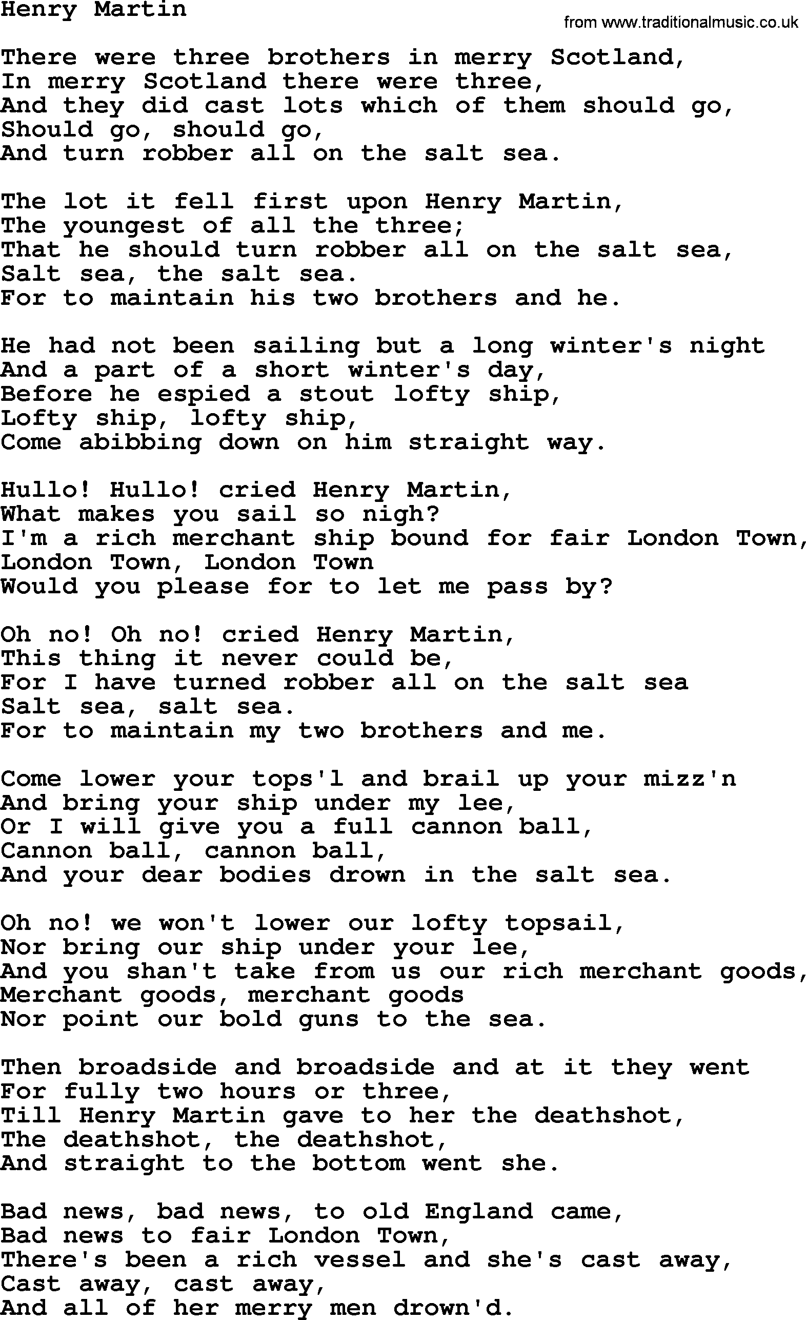 Joan Baez song Henry Martin, lyrics