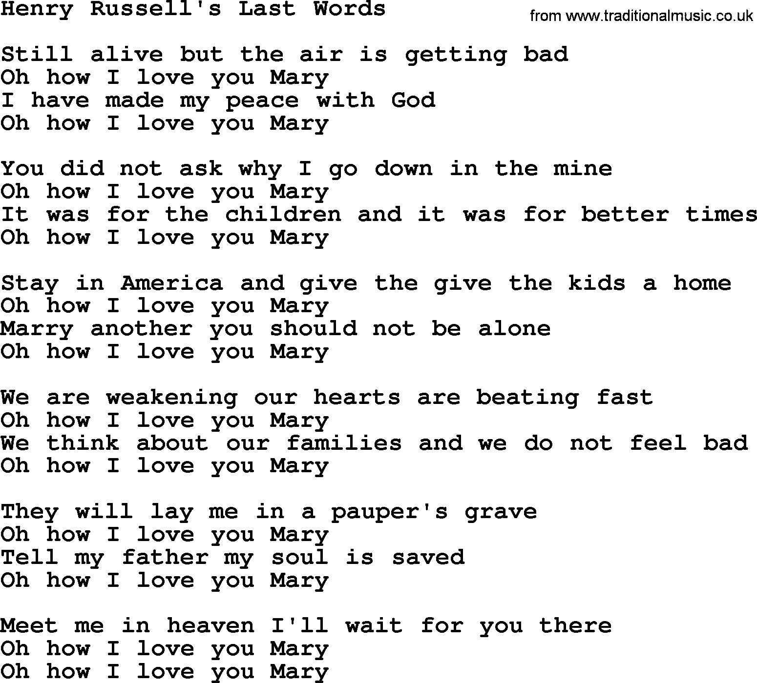 Joan Baez song Henry Russell's Last Words, lyrics