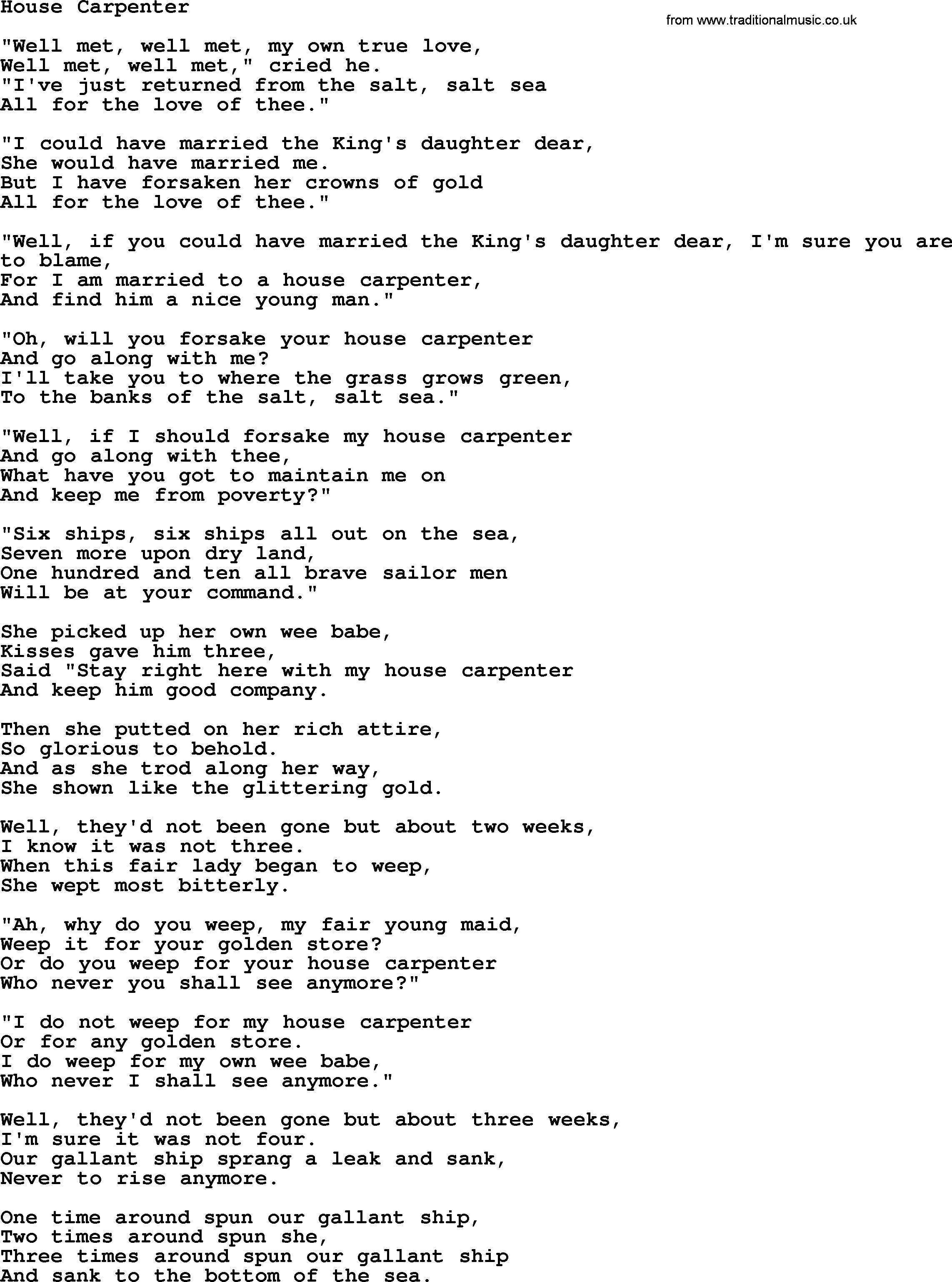 Joan Baez song House Carpenter, lyrics