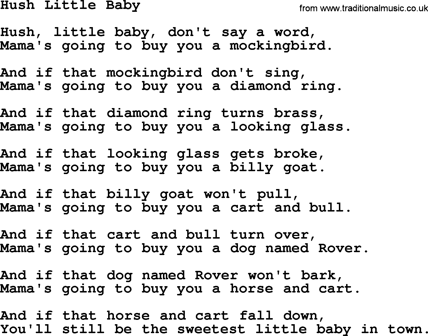 Joan Baez song Hush Little Baby, lyrics