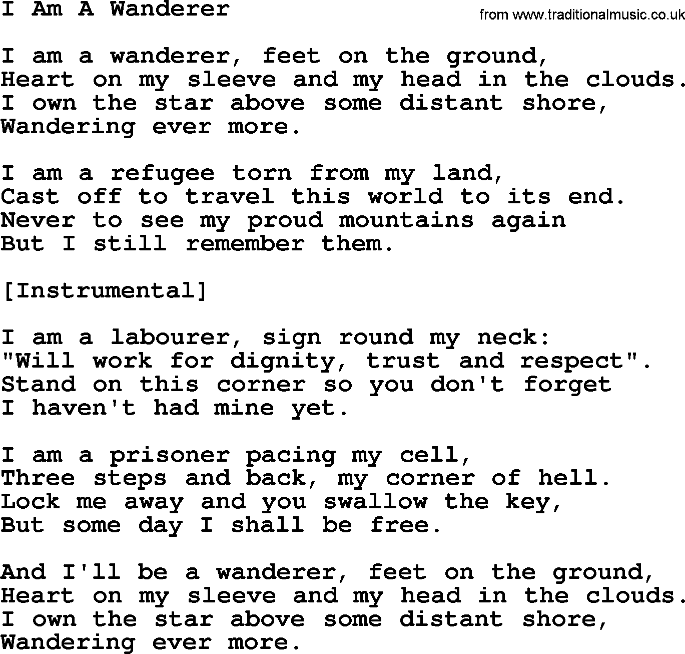Joan Baez song I Am A Wanderer, lyrics