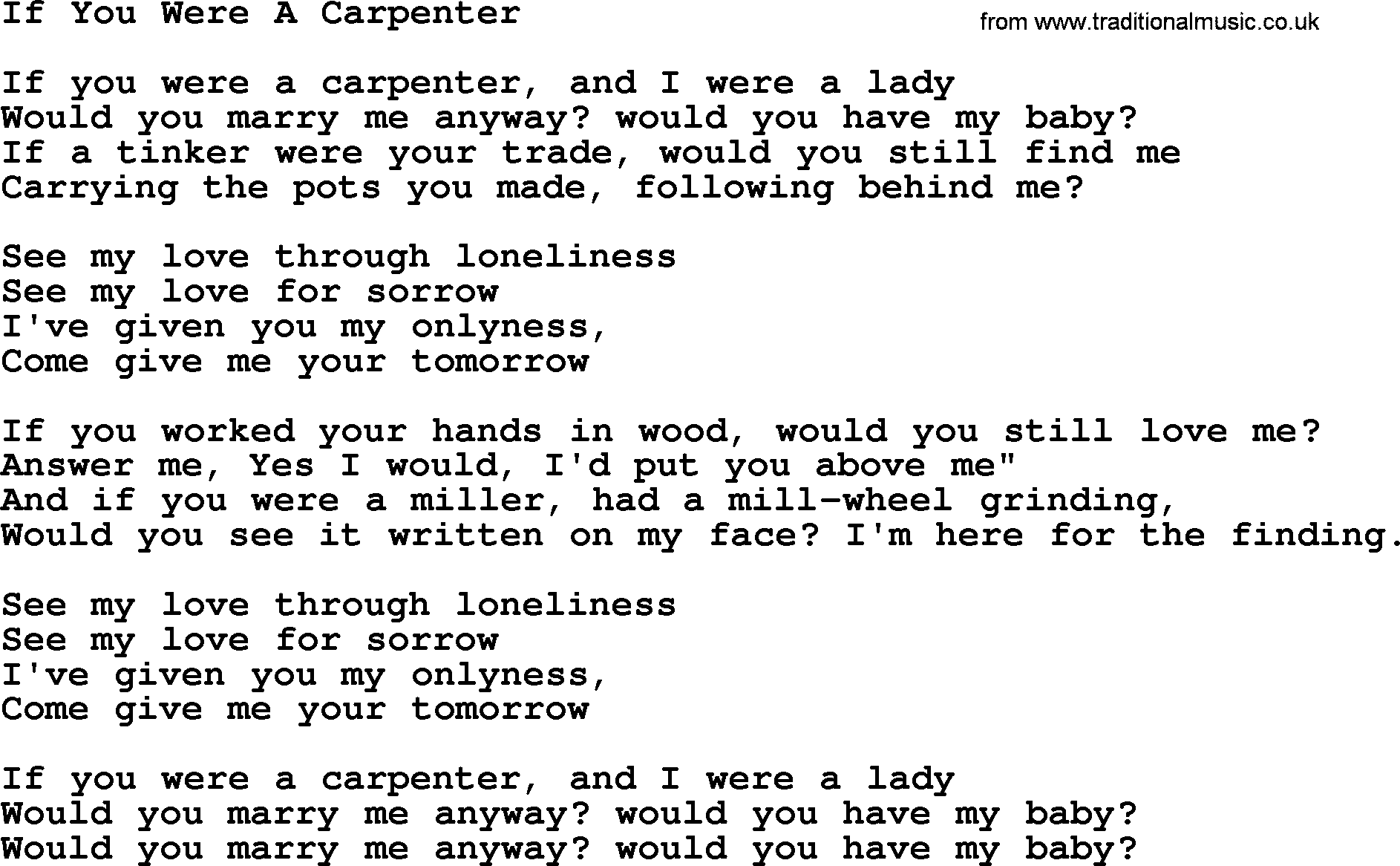 Joan Baez song If You Were A Carpenter, lyrics